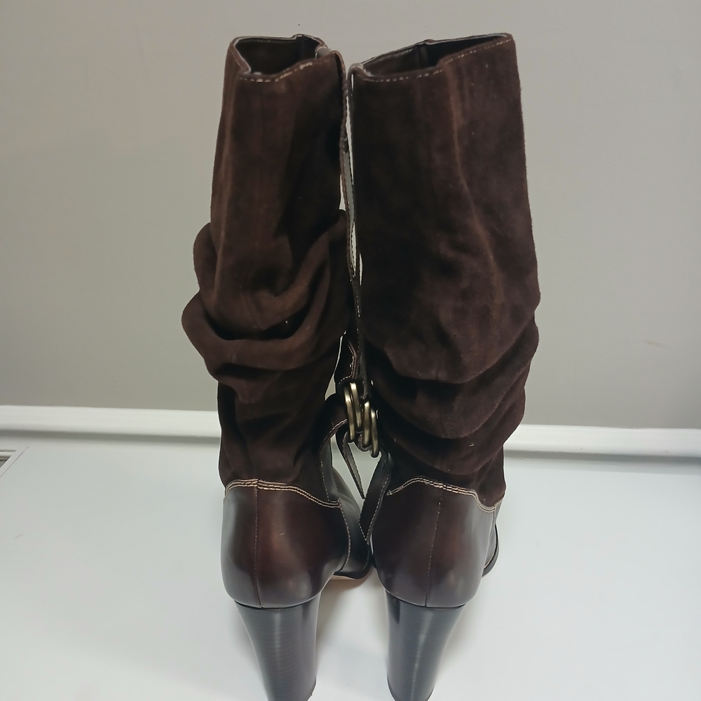 Chocolate Brown Suede & Leather Stacked Heel Mid Calf Boots 10M - Picture 6 of 12